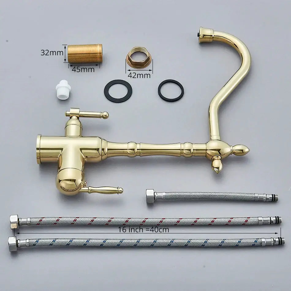 Gold-finished brass vintage decorbites dual spout filter kitchen faucet with two separate handles for water purification