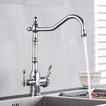 Vintage brass dual spout filter kitchen faucet with chrome finish curved spout and dual handles decorbites dual spout