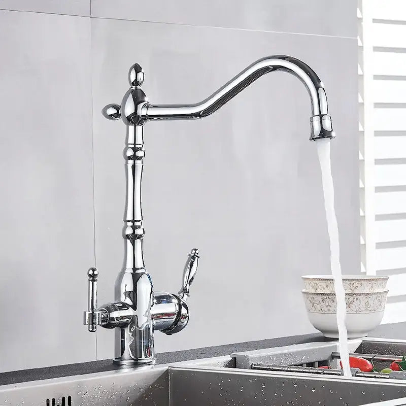 Vintage brass dual spout filter kitchen faucet with chrome finish curved spout and dual handles decorbites dual spout