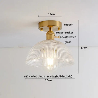 Vintage brass etched glass led ceiling light with gold-toned copper frame and textured shade with integrated switch