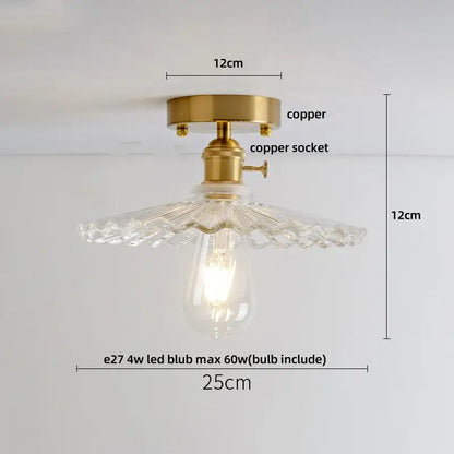 Vintage brass etched glass led ceiling light with faceted clear glass shade and copper fixture for living room