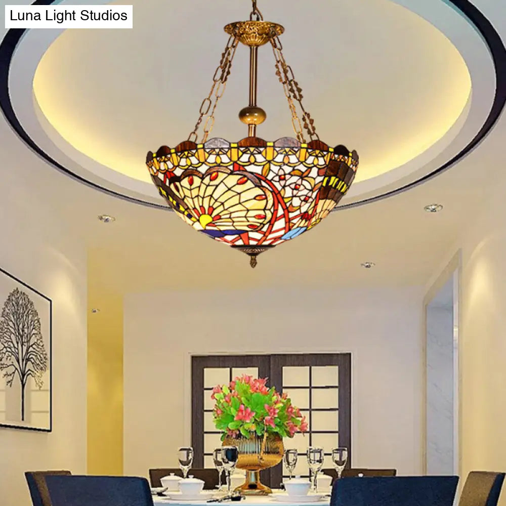 Vintage Brass Finish Stained Glass Peacock Pendant Light for Foyer: Tiffany Chandelier