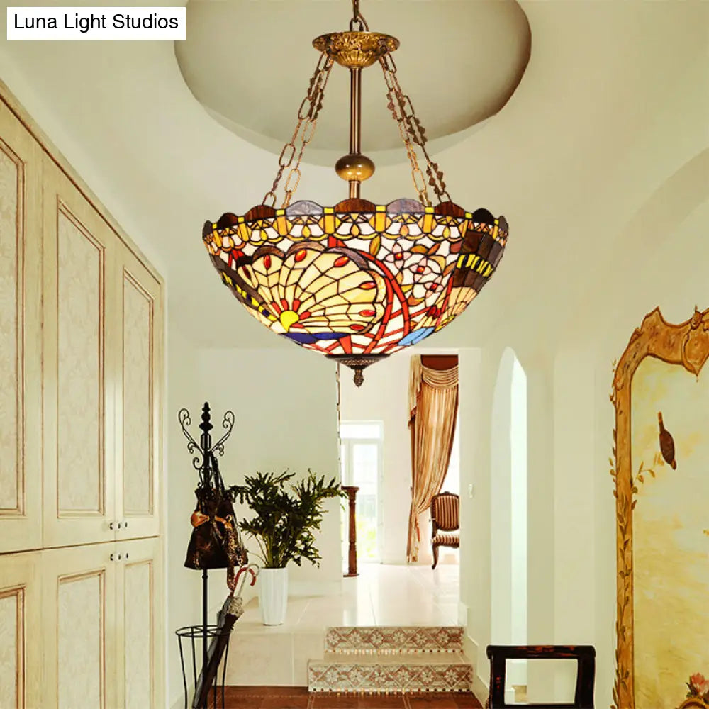 Vintage Brass Finish Stained Glass Peacock Pendant Light for Foyer: Tiffany Chandelier