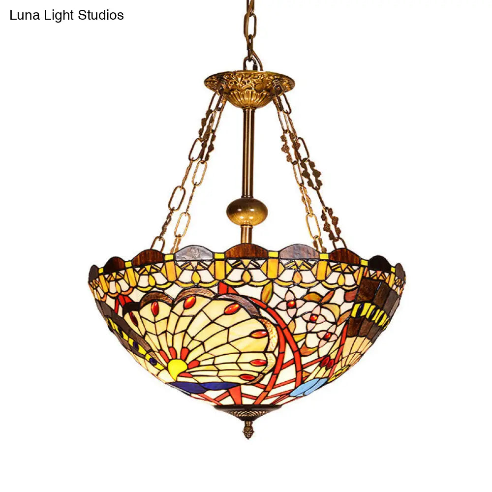 Vintage Brass Finish Stained Glass Peacock Pendant Light for Foyer: Tiffany Chandelier