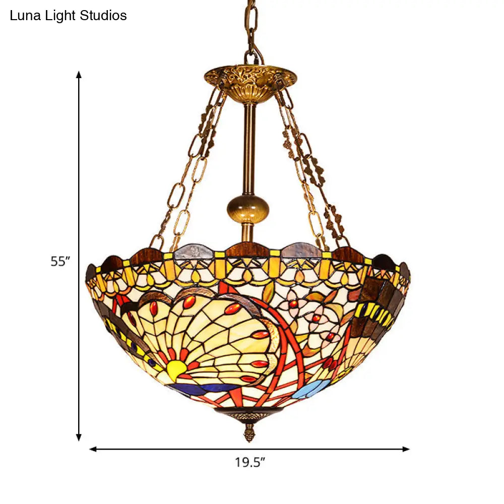 Vintage Brass Finish Stained Glass Peacock Pendant Light for Foyer: Tiffany Chandelier