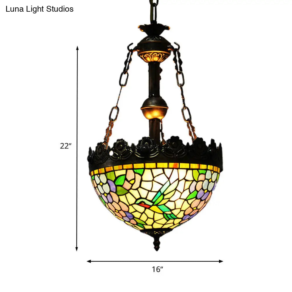 Vintage Brass Floral Chandelier - Tiffany Style Stained Glass - 3 Lights - Ceiling or Hanging Lamp - 12"/16" Wide
