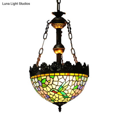 Vintage Brass Floral Chandelier - Tiffany Style Stained Glass - 3 Lights - Ceiling or Hanging Lamp - 12"/16" Wide
