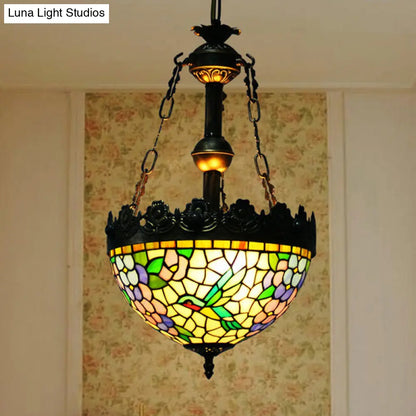 Vintage Brass Floral Chandelier - Tiffany Style Stained Glass - 3 Lights - Ceiling or Hanging Lamp - 12"/16" Wide