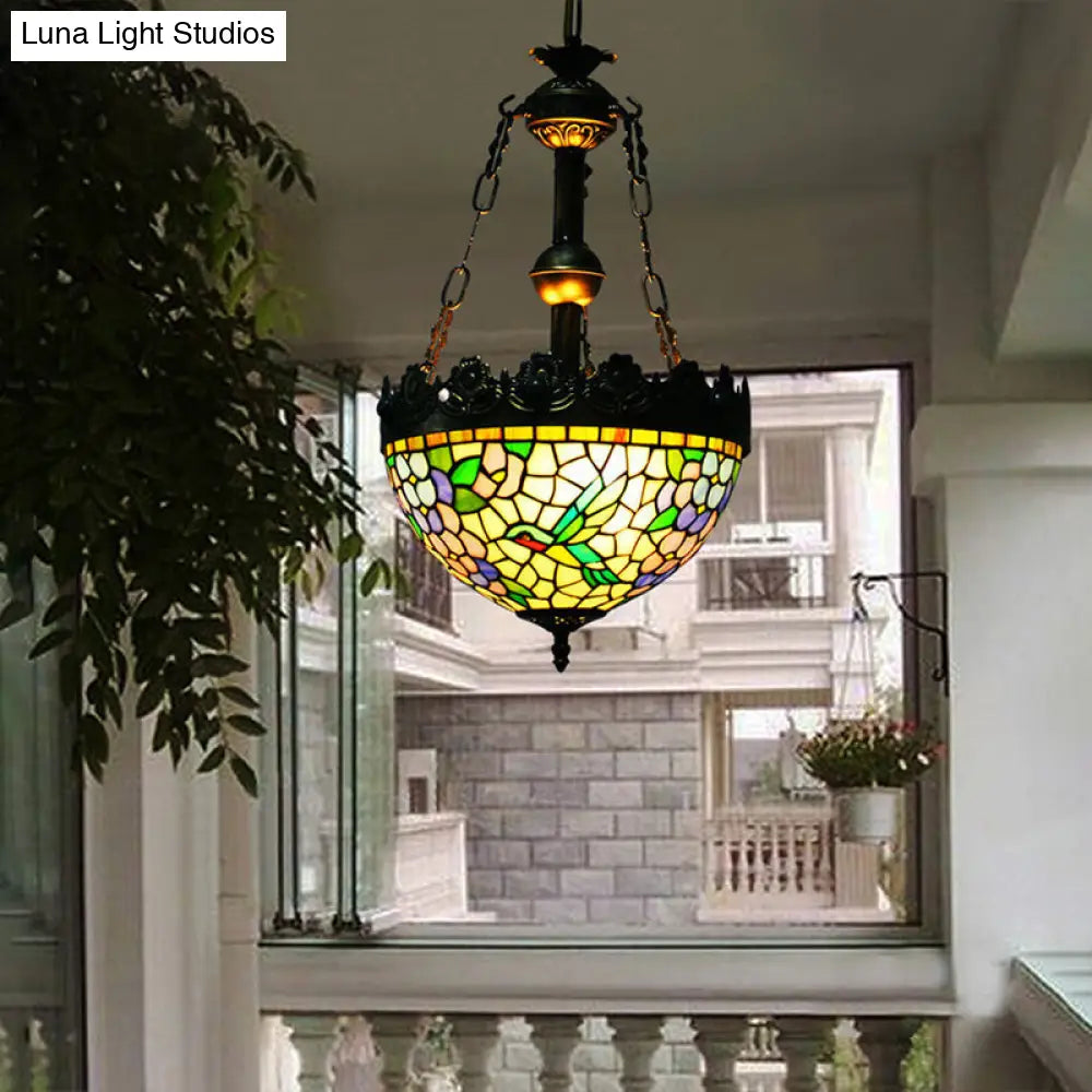 Vintage Brass Floral Chandelier - Tiffany Style Stained Glass - 3 Lights - Ceiling or Hanging Lamp - 12"/16" Wide