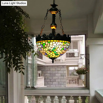 Vintage Brass Floral Chandelier - Tiffany Style Stained Glass - 3 Lights - Ceiling or Hanging Lamp - 12"/16" Wide