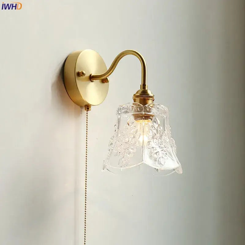 Vintage brass wall sconce with decorbites glass led floral etched shade for glass led bathroom light pull chain
