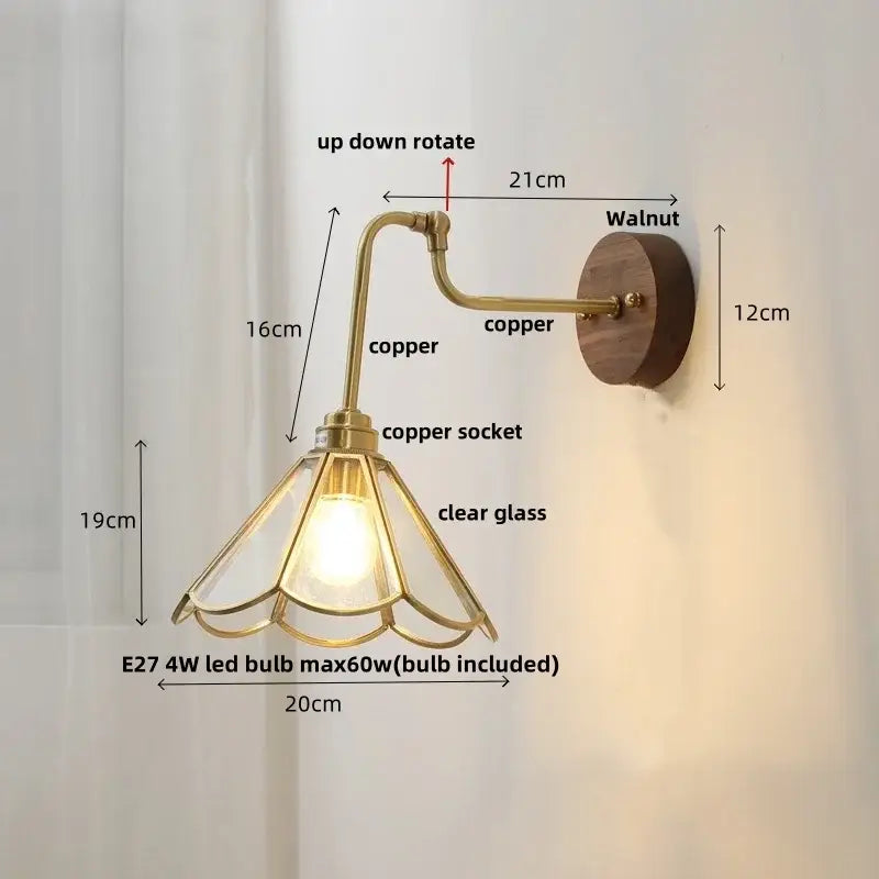Vintage brass flower led wall lights with rotate pull chain feature a copper sconce with clear glass and walnut wood backplate