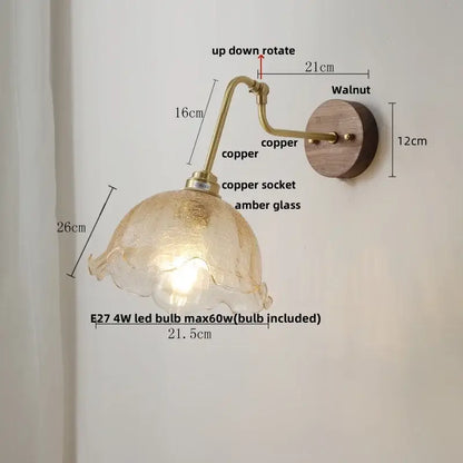 A warm amber glass vintage brass led wall light with copper finish and walnut plate featuring rotate pull chain decorbites led wall