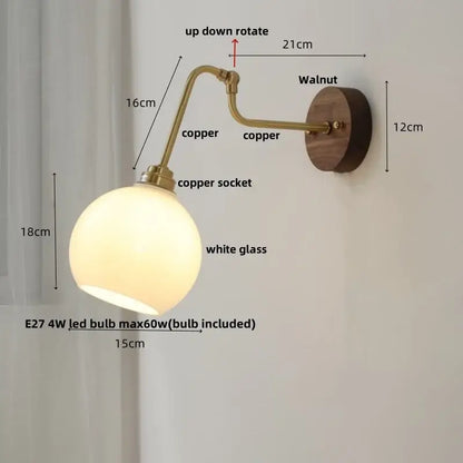 Vintage brass flower led wall lights featuring a copper finish, white glass globe, walnut mounting plate, and rotate pull chain