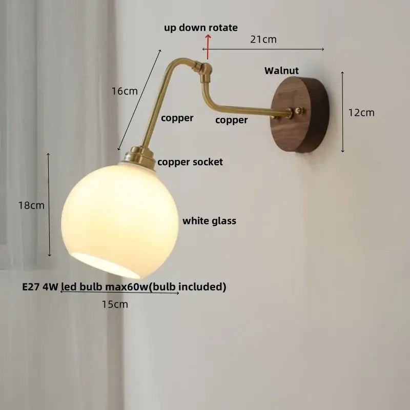 Vintage brass flower led wall lights featuring a copper finish, white glass globe, walnut mounting plate, and rotate pull chain