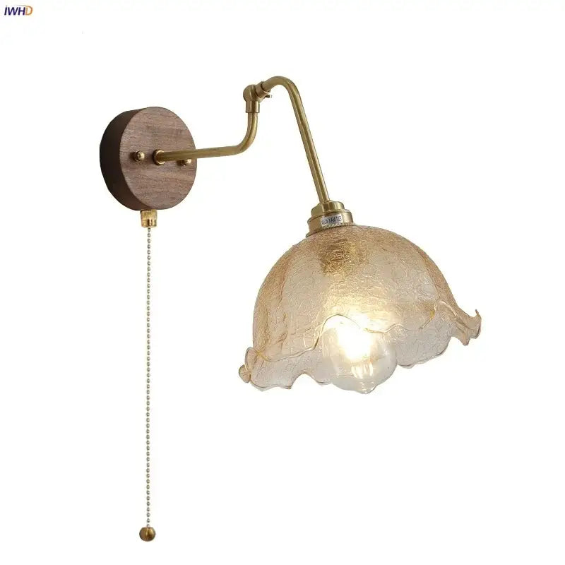Vintage brass flower led wall lights with rotate pull chain feature amber textured glass shade for decorbites led wall use