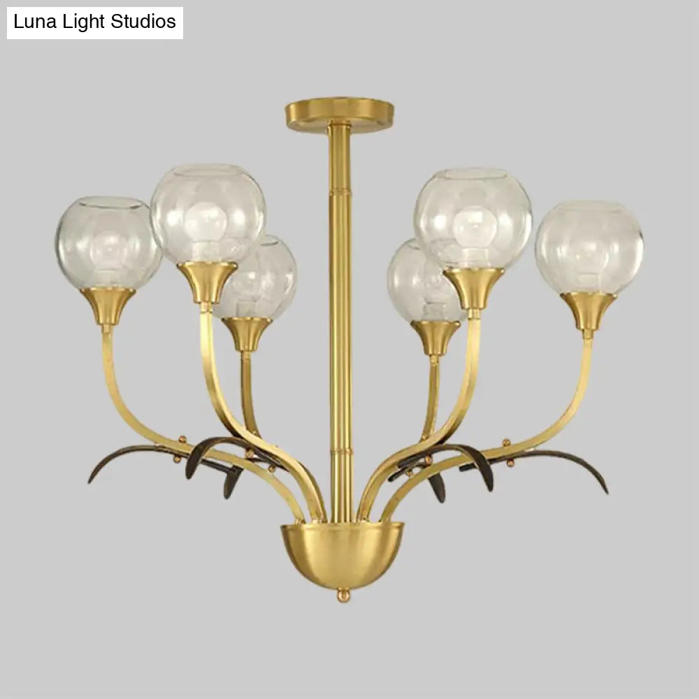 Vintage Brass Flushmount Chandelier with Clear Glass, 3/6 Heads - Perfect for Sitting Rooms
