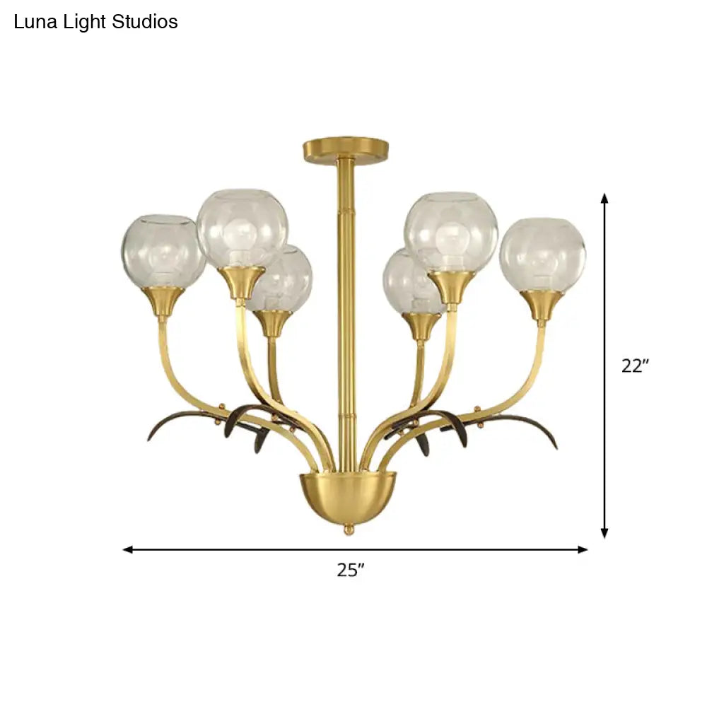 Vintage Brass Flushmount Chandelier with Clear Glass, 3/6 Heads - Perfect for Sitting Rooms