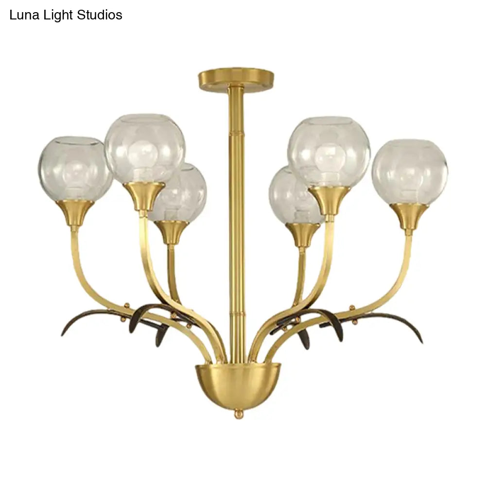 Vintage Brass Flushmount Chandelier with Clear Glass, 3/6 Heads - Perfect for Sitting Rooms