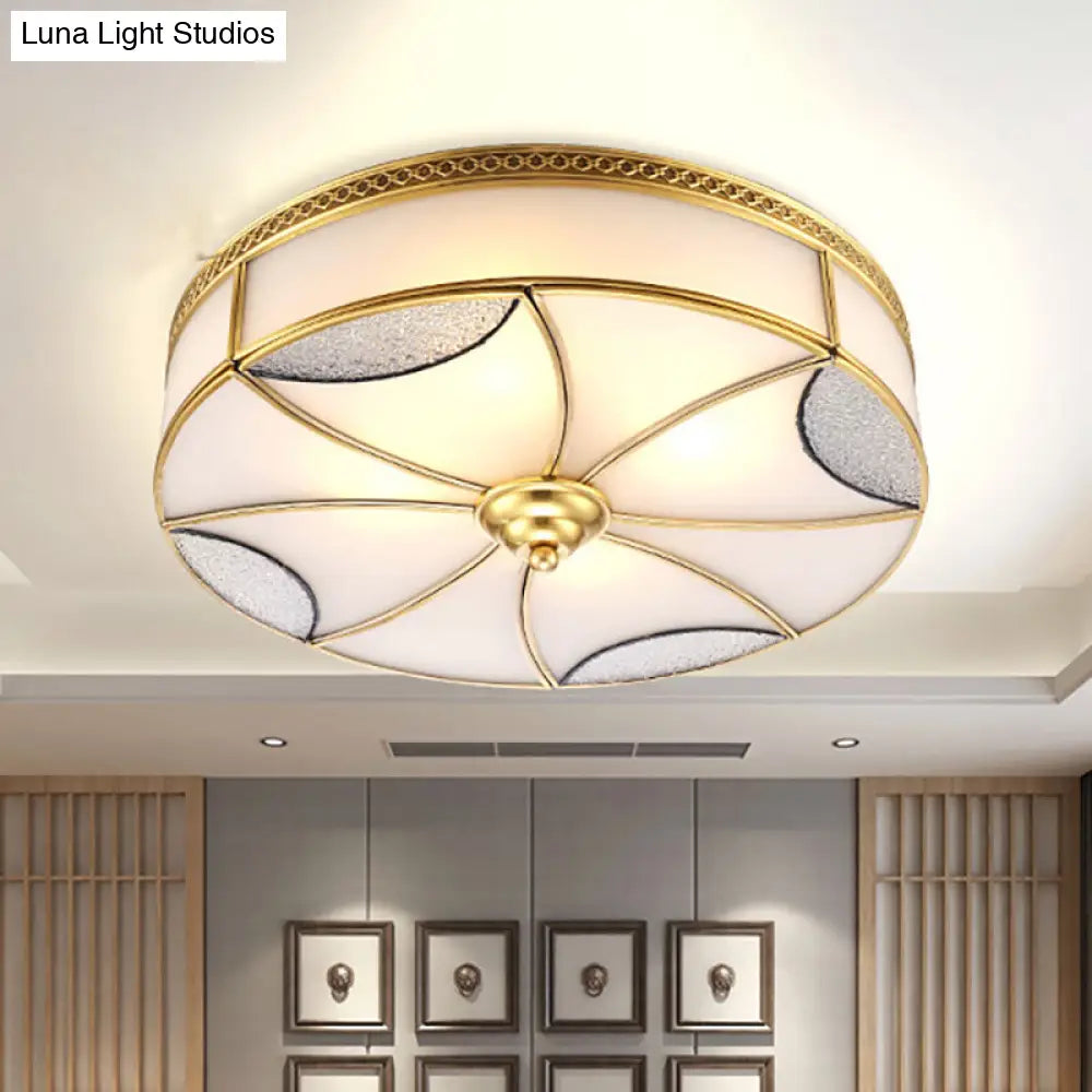 Vintage Brass Flushmount Light with Frosted Glass - 4 Lights - Round Ceiling Mount for Living Room