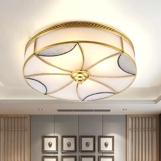 Vintage Brass Flushmount Light with Frosted Glass - 4 Lights - Round Ceiling Mount for Living Room