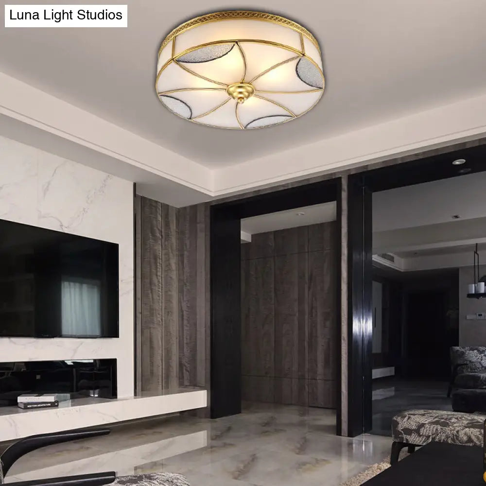 Vintage Brass Flushmount Light with Frosted Glass - 4 Lights - Round Ceiling Mount for Living Room