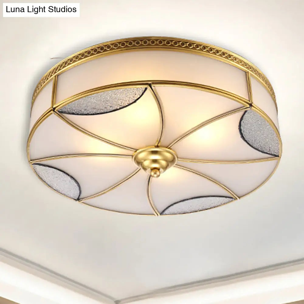 Vintage Brass Flushmount Light with Frosted Glass - 4 Lights - Round Ceiling Mount for Living Room