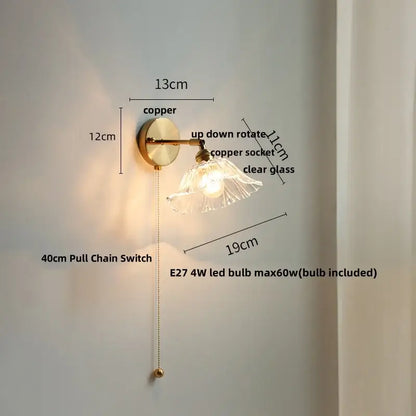 Vintage brass fluted glass bedside sconce wall light with copper wall light and clear glass bedside sconce shade