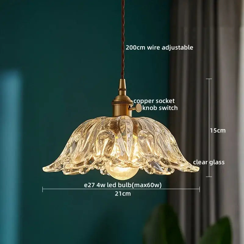 Vintage brass fluted glass led pendant light with petal design and copper socket for dining room illumination