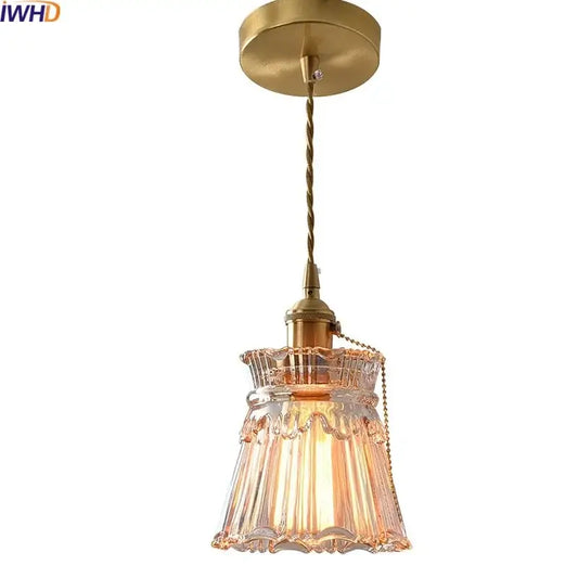 Vintage brass glass led pendant with fluted clear shade and ornate scalloped rim for dining room lighting