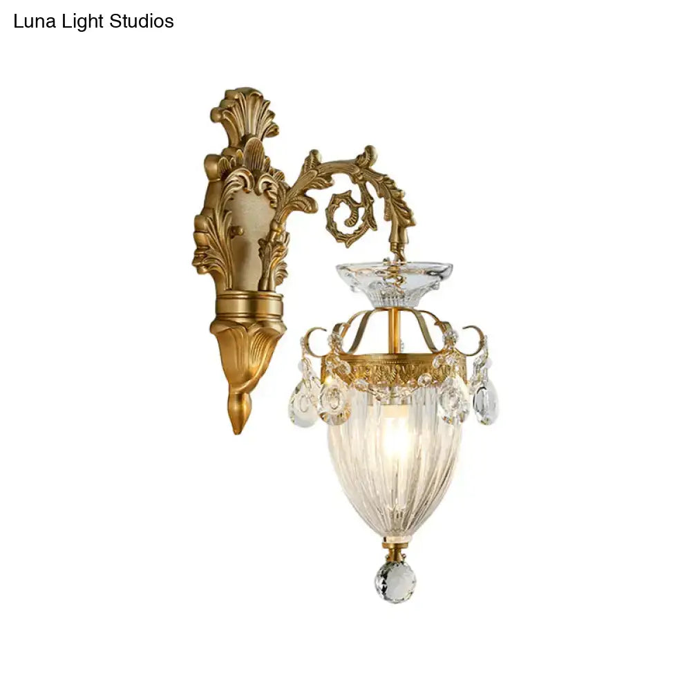 Vintage brass fluted glass wall lamp with gold finish crystal accents and ribbed glass shade inches high for bedroom sconce
