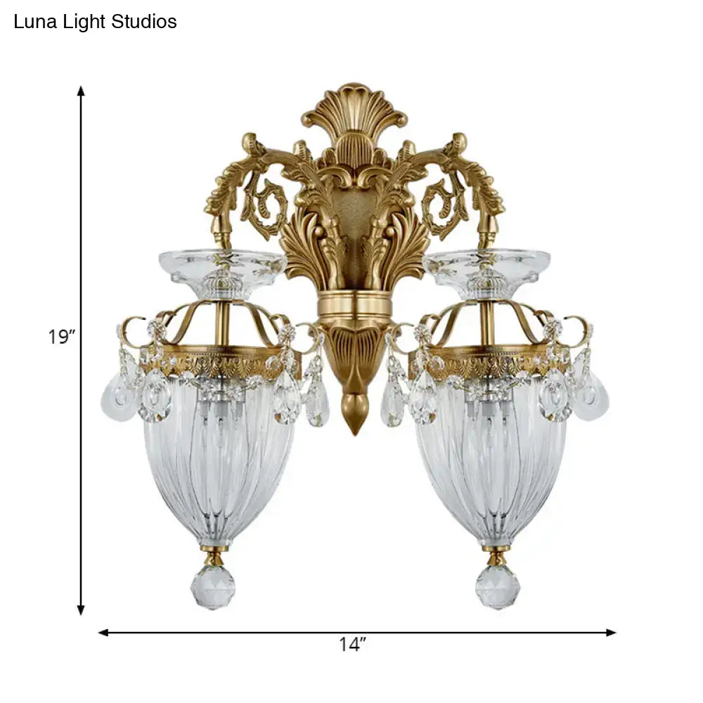 Vintage brass wall lamp with gold finish fluted glass shades and crystal accents, approximately 12 inches high