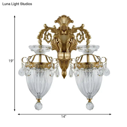Vintage brass wall lamp with gold finish fluted glass shades and crystal accents, approximately 12 inches high