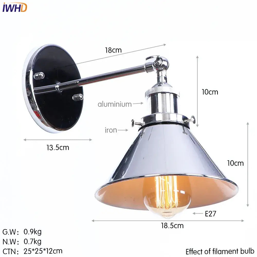 Industrial-style chrome-finished wall light with conical shade and exposed filament bulb by decorbites iron golden