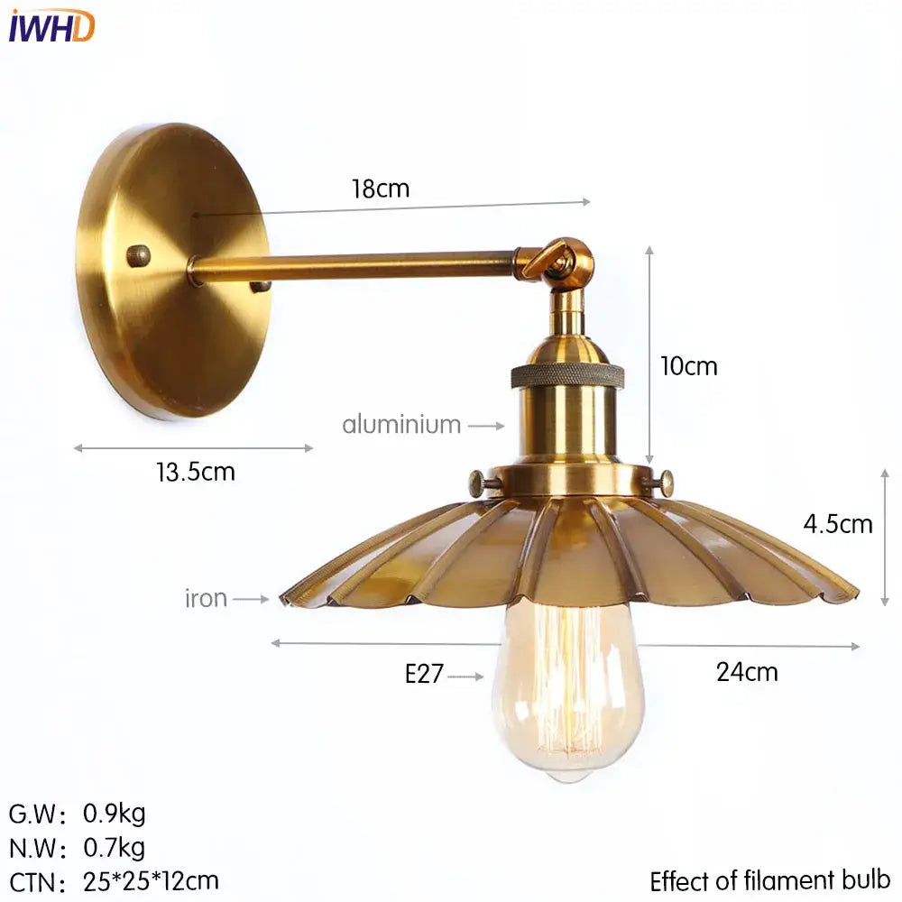 Vintage brass fluted glass wall light with exposed filament bulb in decorbites iron golden industrial-style wall light