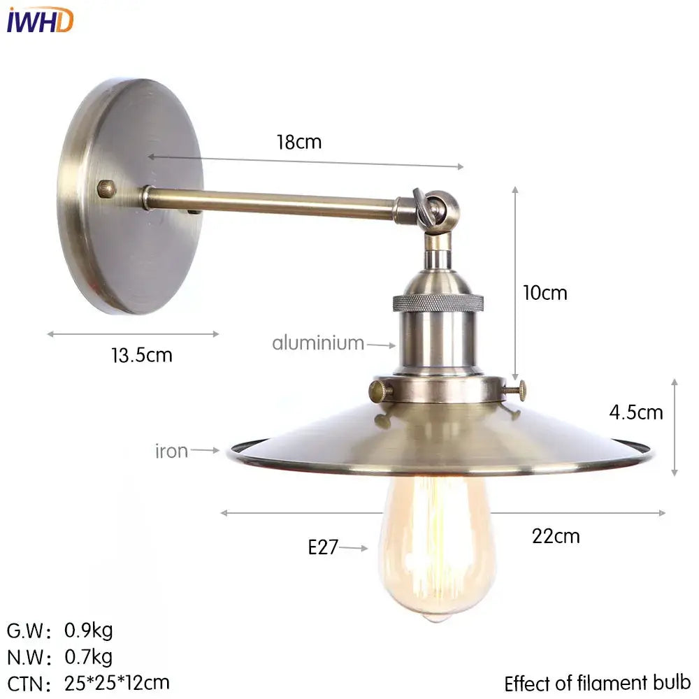 Industrial-style wall light with brushed brass finish, aluminum arm, and iron shade for decorbites iron golden decor