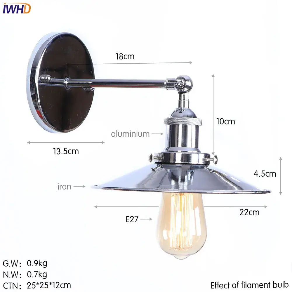 Industrial-style chrome finished wall light with brushed metal shade and exposed filament bulb by decorbites iron