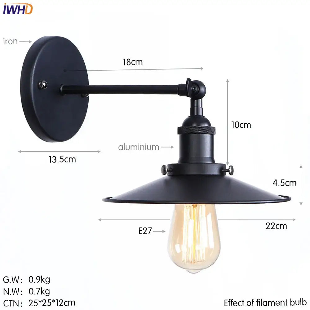 Black industrial wall light with iron mounting plate aluminum arm and vintage bulb for decorbites iron sconce decorbites iron golden