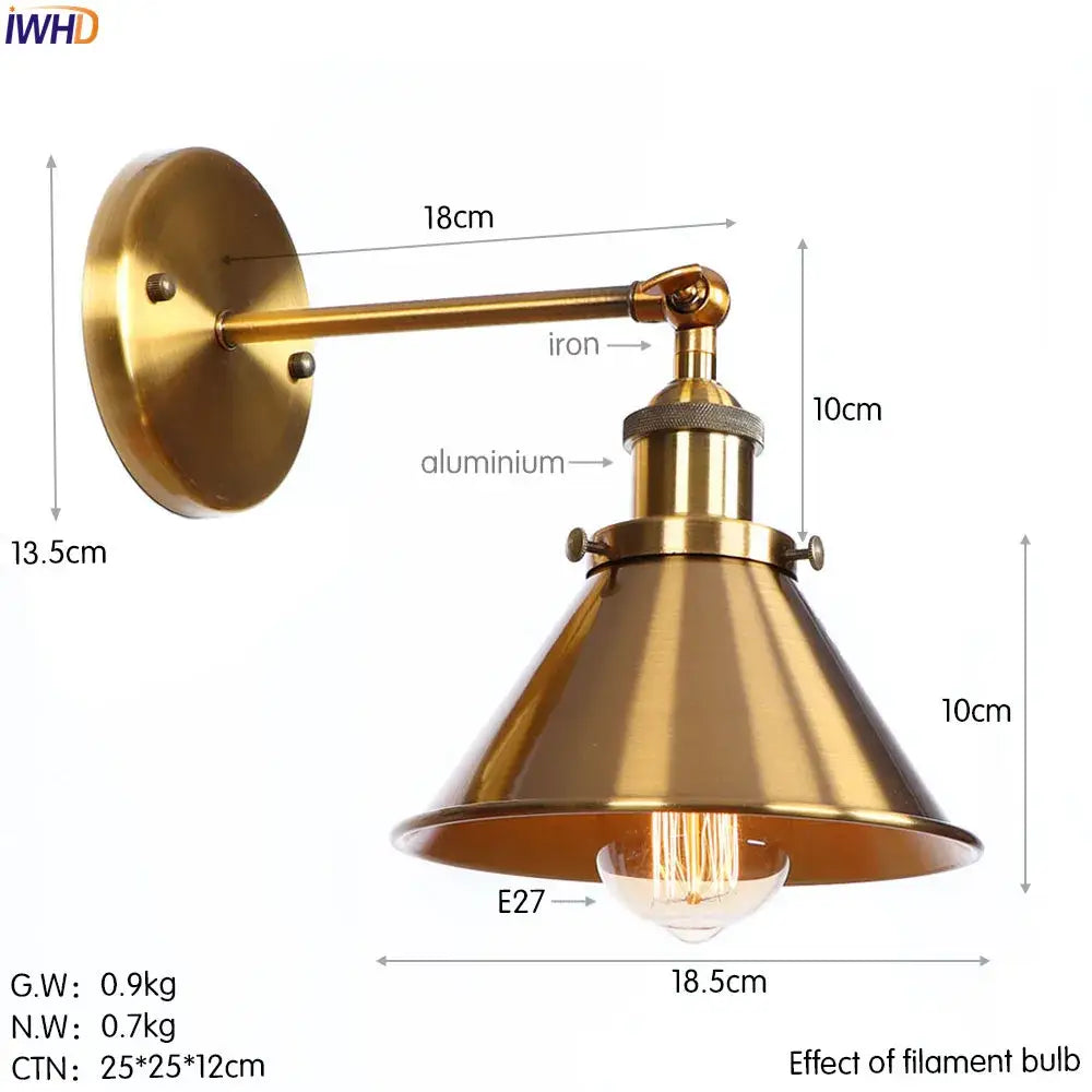 Vintage brass fluted glass wall light with decorbites iron golden conical shade wall sconce for bedroom decor