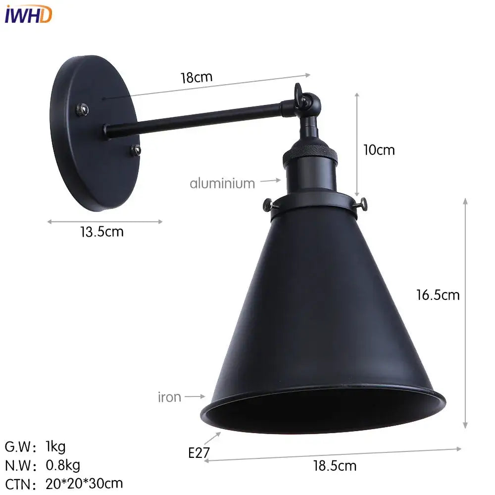 Black matte-finished decorbites iron sconce wall light with conical iron shade and aluminum arm for vintage brass decorbites iron golden style