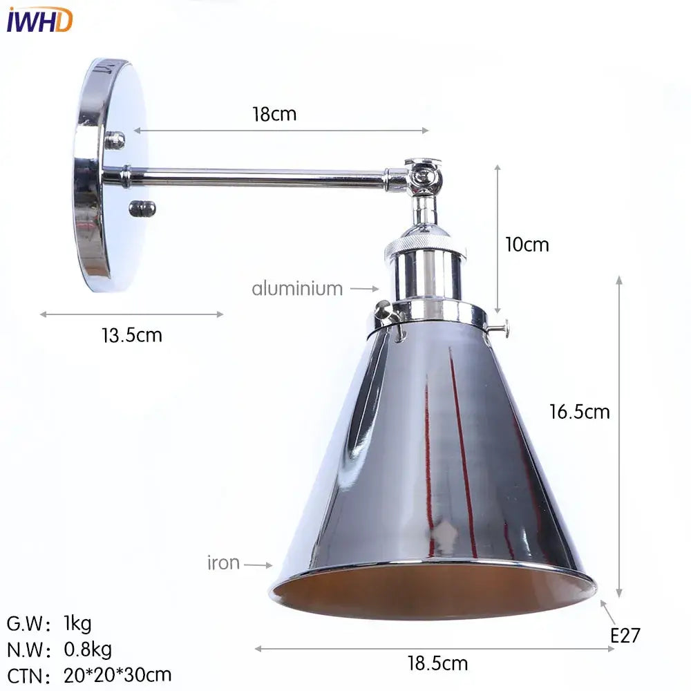 Chrome finished industrial wall light with conical iron and aluminum shade and adjustable arm decorbites iron sconce