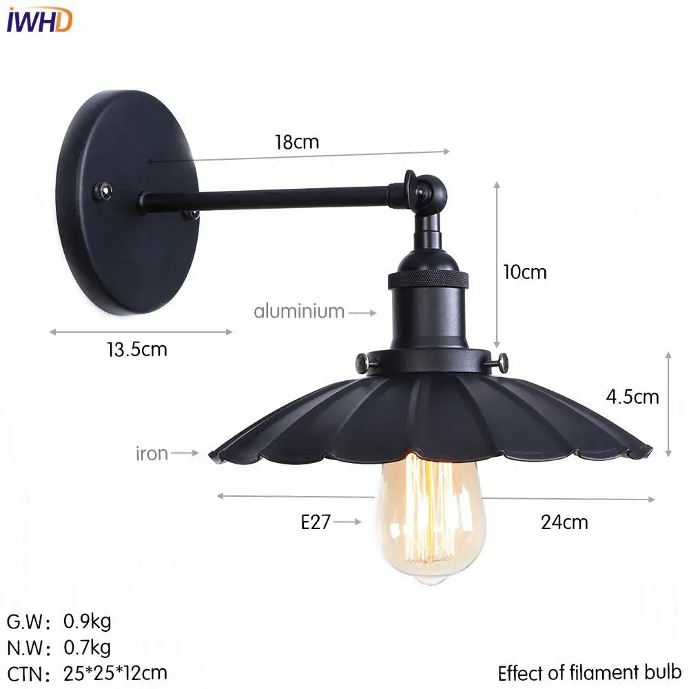 Black wrought iron and aluminum industrial wall light with vintage brass fluted shade for decorbites iron golden style