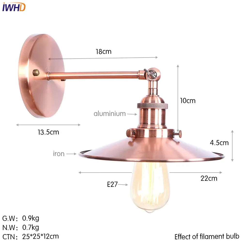 Copper-finished industrial wall light with aluminum arm and iron base featuring e27 filament bulb by decorbites iron golden