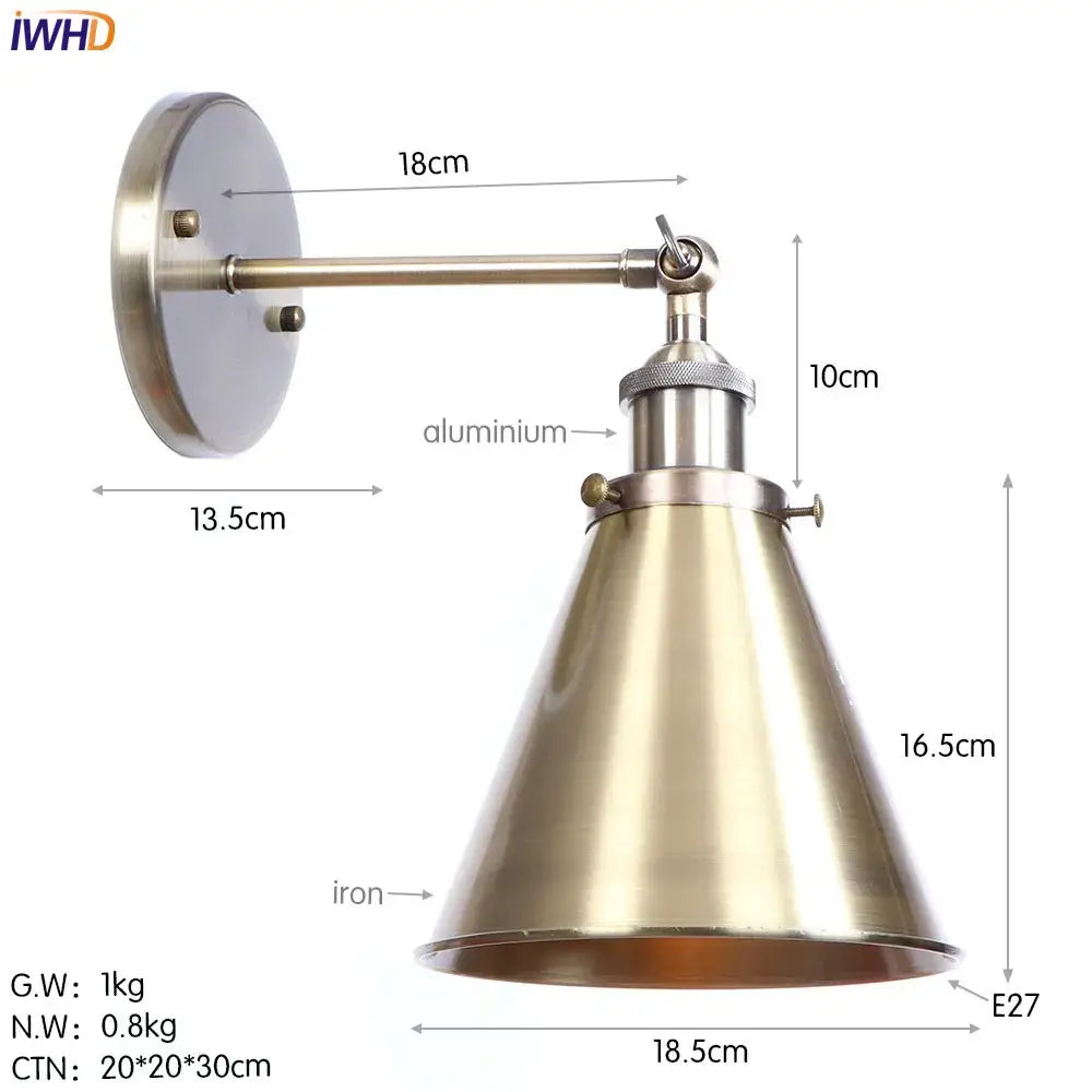 Industrial-style wall light with brass-finished conical shade and adjustable aluminum arm for decorbites iron golden sconce