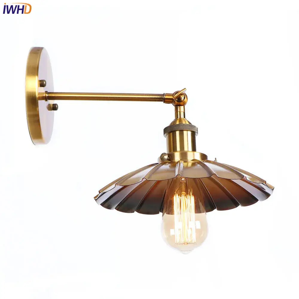 Vintage brass fluted glass wall light with amber shade and exposed bulb by decorbites iron golden for bedroom decor