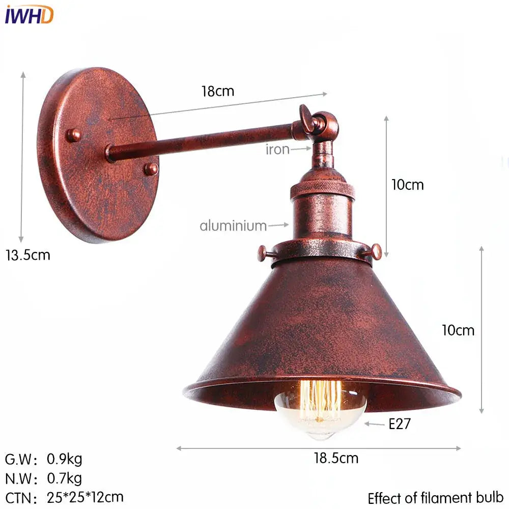 Rust-colored industrial wall light with iron and aluminum conical shade featuring exposed filament bulb decorbites iron