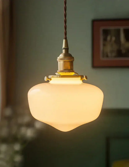 Vintage brass frosted glass shade led pendant lamp with warm glass shade led and twisted brown cord for kitchen use