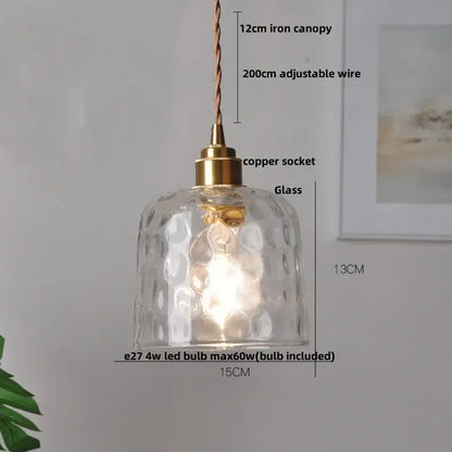 Vintage brass glass led pendant lamp featuring a clear hammered glass pendant lamp with brass copper socket and iron canopy