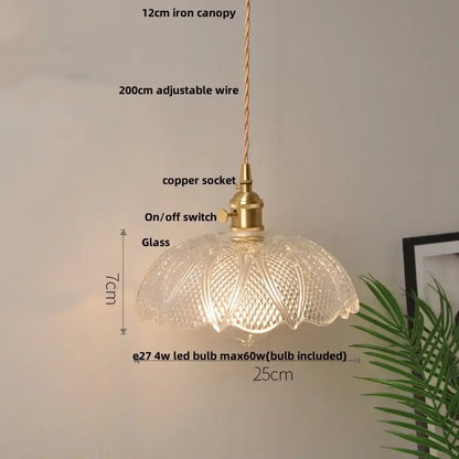 Vintage brass glass led pendant lamp with floral pattern and adjustable suspension for dining room lighting
