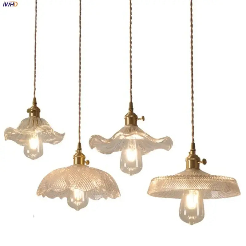 Four vintage brass glass led pendant lamps with textured floral shades for dining room lighting fixture
